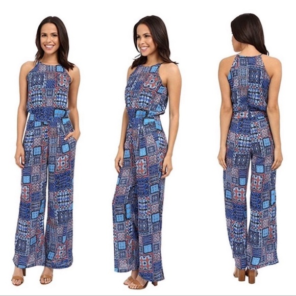 KUT FROM THE KLOTH GRETA JUMPSUIT SZ 6 HALTER TOP PLEATED SIDE POCKETS BLUE RED - Picture 1 of 13